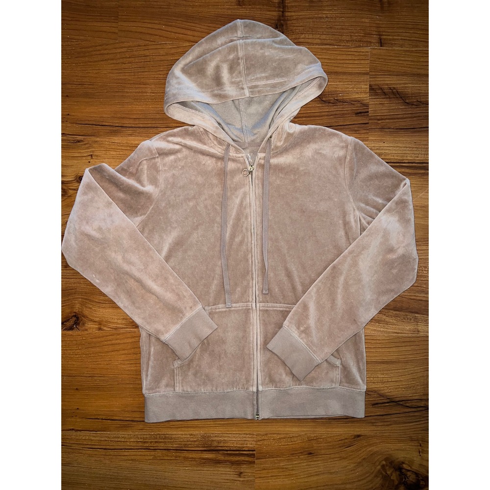 New York & Company Velour Hoodie Taupe Tan Rhinestone Zip Up Sweatshirt Medium